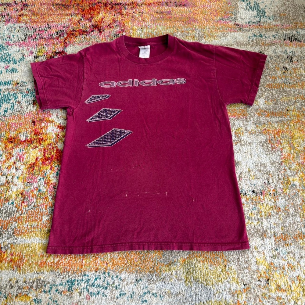 Vintage 90s Adidas boot Graphic T Shirt Mens Medium Red Geometric